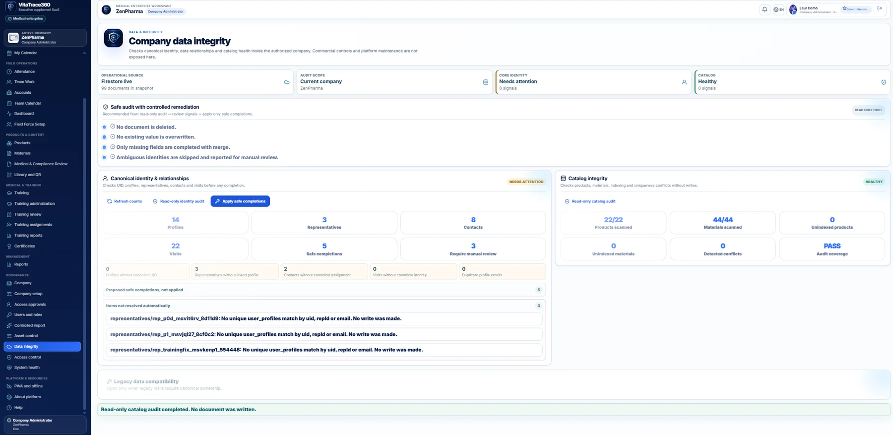 VitaTrace360 interface relevant to Security, Privacy & Trust Center