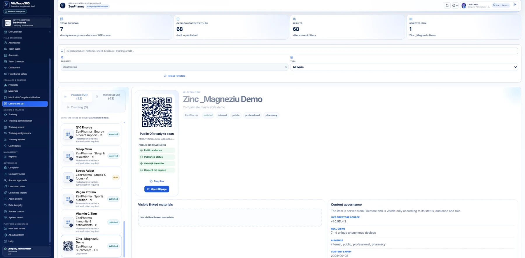 Interfață VitaTrace360 relevantă pentru QR Trust și acces profesional controlat